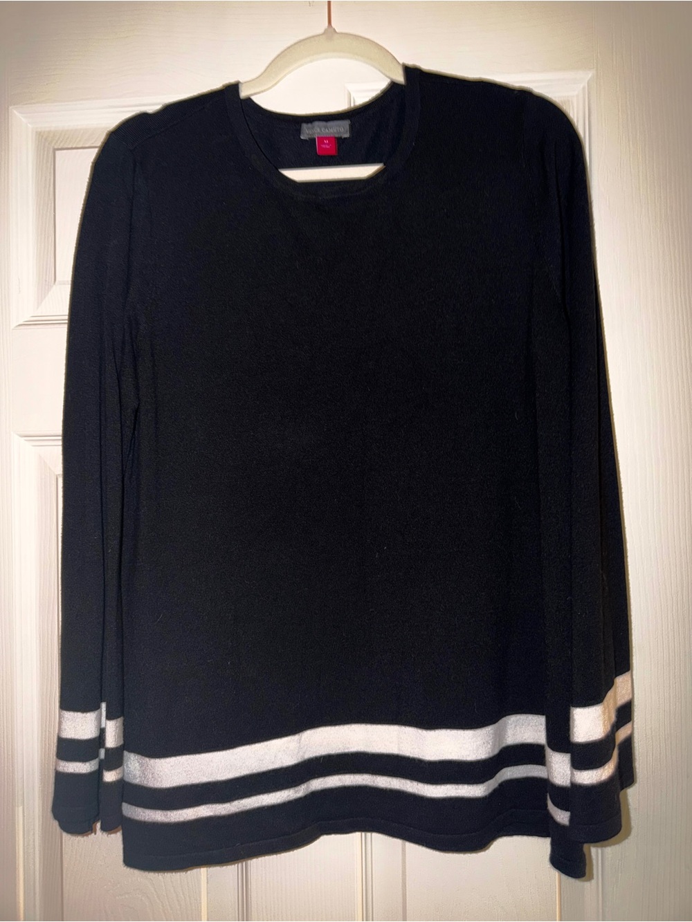 Black Crewneck Sweater with White Stripe Hem
